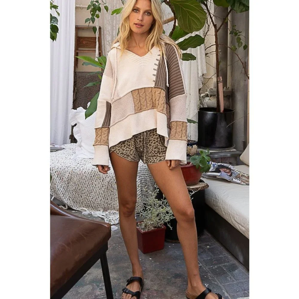 NEW POL Mixed Knit Patch Hoodie Oversized Cozy Soft Color Block Sweater Olive - Picture 4 of 9